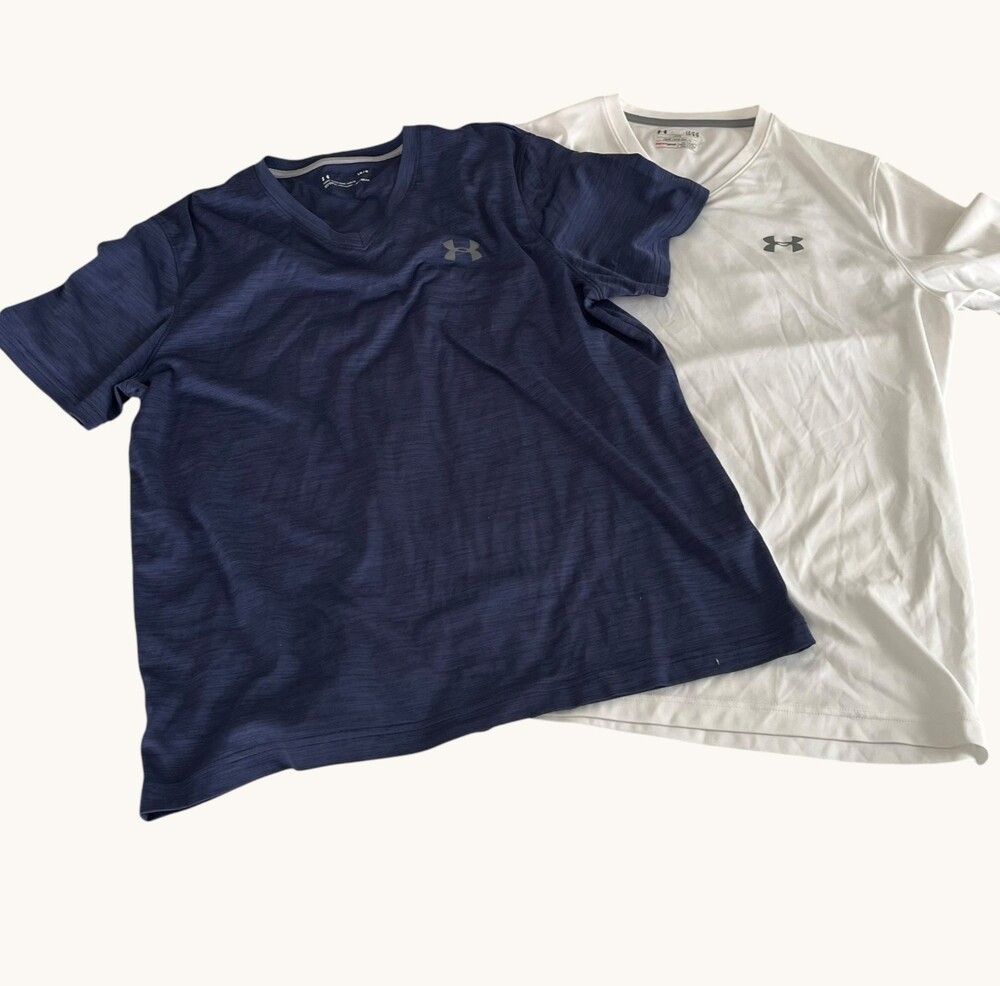 Lot 2 Under Armour Loose Fit Mens Lrg HeatGear V Neck Athletic Shirts Blue White